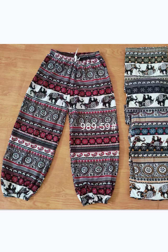 989-59 กางเกงลายช้างผ้าวูลเวฟทรงขาจั้ม มีกระเป๋า2ข้าง ขายคละสี