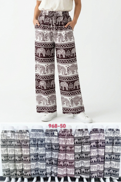 968-50 กางเกงลายช้างผ้าใหม่อิตาลีทรงขาปล่อย มีกระเป๋า2ข้าง ขายคละสี
