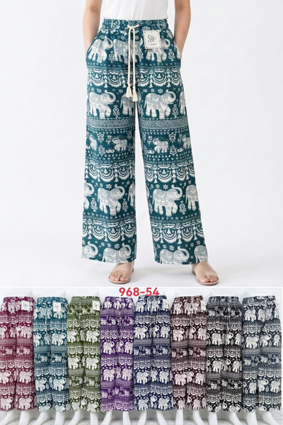 968-54 กางเกงลายช้างผ้าใหม่อิตาลีทรงขาปล่อย มีกระเป๋า2ข้าง ขายคละสี