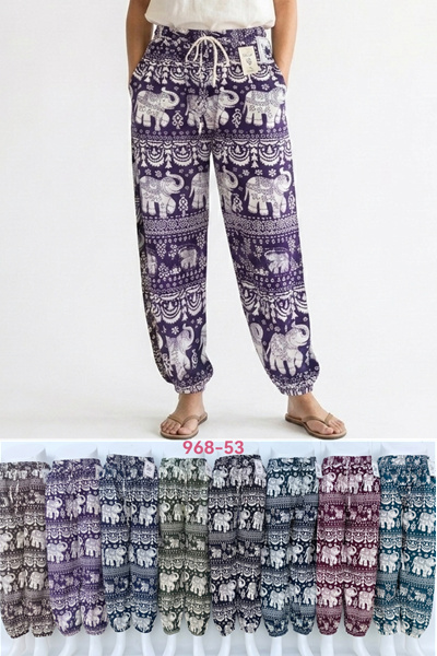 968-53 กางเกงลายช้างผ้าใหม่อิตาลีทรงขาจั้ม มีกระเป๋า2ข้าง ขายคละสี