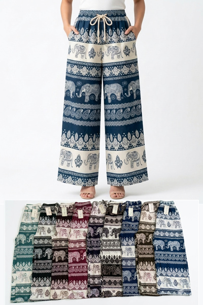 927 กางเกงลายช้างผ้าใหม่อิตาลีทรงขาปล่อย มีกระเป๋า2ข้าง ขายคละสี